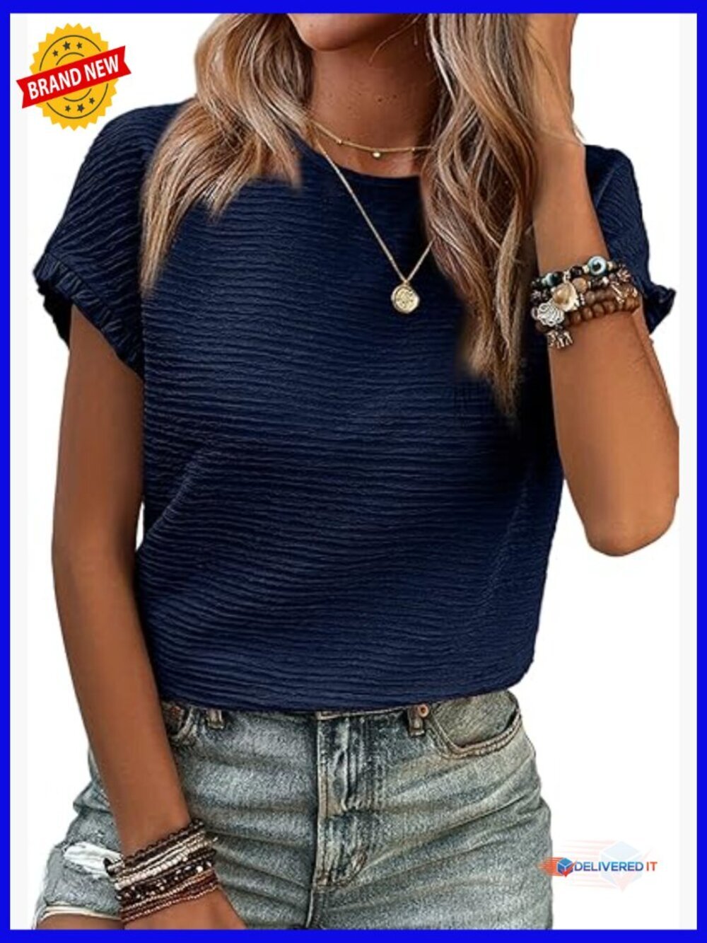 Loose Fit Crewneck Short Sleeve T-Shirt Textured Casual Work Blouse